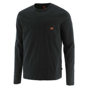 Men's Caterpillar Flame Resistant Logo Pocket Long Sleeve Tee T-Shirt Black | 748025-BQO