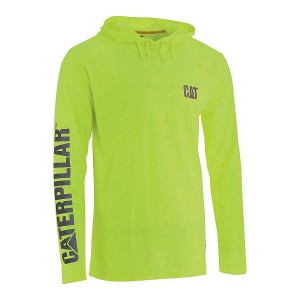 Men's Caterpillar HiVis UPF Hooded Long Sleeve Tee T-Shirt Yellow | 932615-FWJ