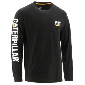 Men's Caterpillar Trademark Banner Long Sleeve Tee T-Shirt Black | 178420-FWJ