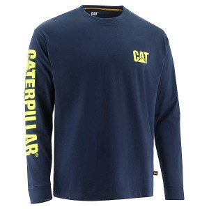 Men's Caterpillar Trademark Banner Long Sleeve Tee T-Shirt Blue | 476501-WKT