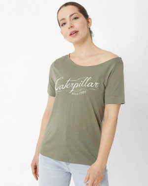 Women's Caterpillar Short Sleeve W Off The Shoulder Tee T-Shirt Khaki | 486172-WLU