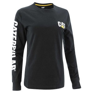 Women's Caterpillar Trademark Banner Long Sleeve Tee T-Shirt Black | 805493-XIM