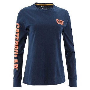 Women's Caterpillar Trademark Banner Long Sleeve Tee T-Shirt Blue | 431867-AYE