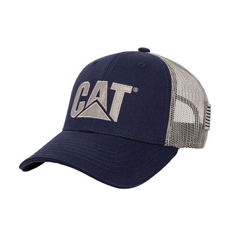 Men\'s Caterpillar Cat Logo Flag Hats Navy | 698271-OKU