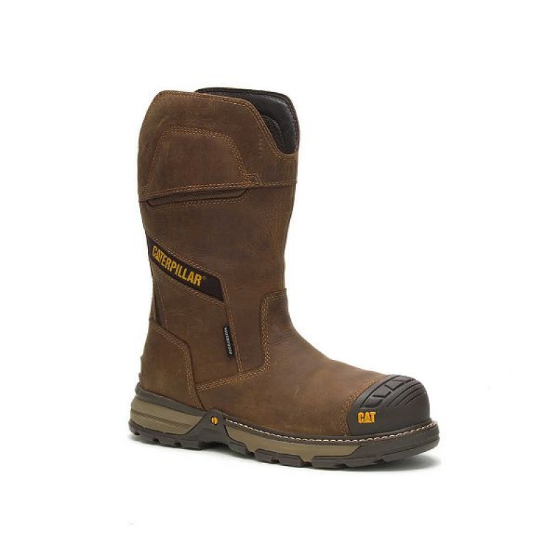 Men's Caterpillar Excavator Superlite Pull-On Waterproof Carbon Composite Toe Work Boots Brown | 091283-THU