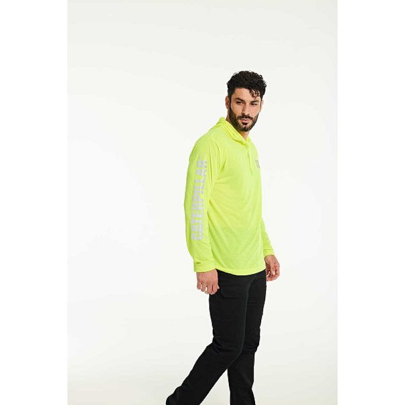 Men's Caterpillar HiVis UPF Hooded Long Sleeve Tee T-Shirt Yellow | 932615-FWJ