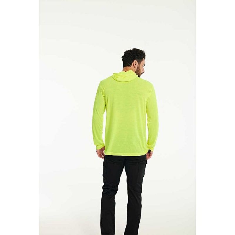 Men's Caterpillar HiVis UPF Hooded Long Sleeve Tee T-Shirt Yellow | 932615-FWJ