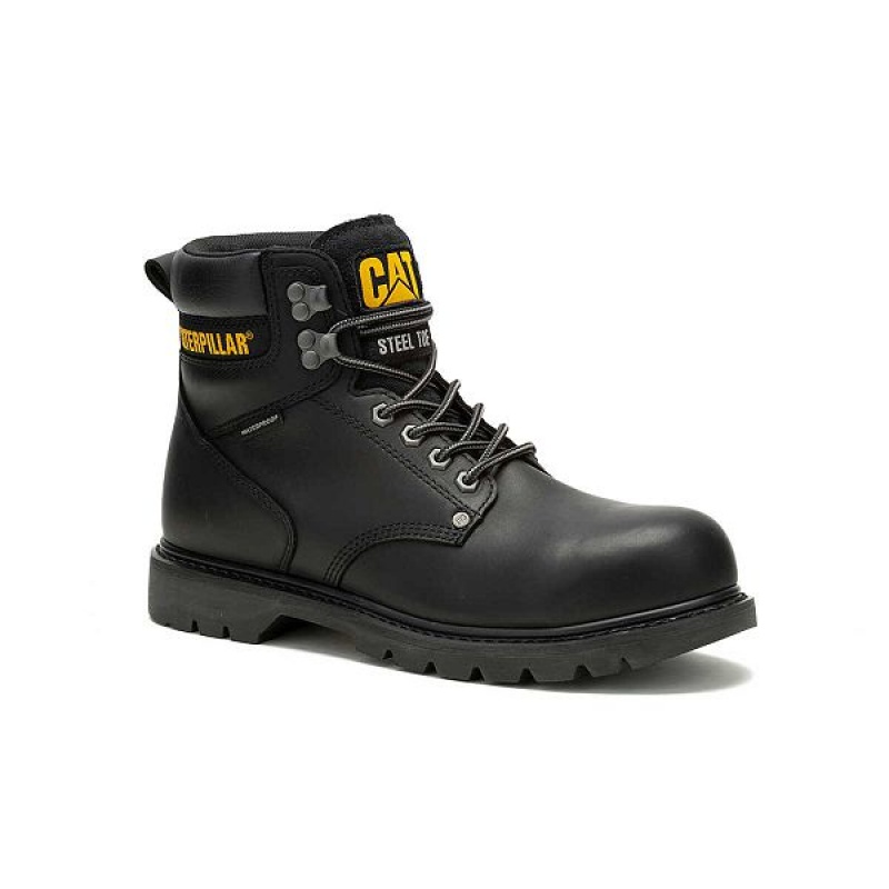 Men's Caterpillar Second Shift Waterproof Steel Toe Work Boots Black | 653794-WLT