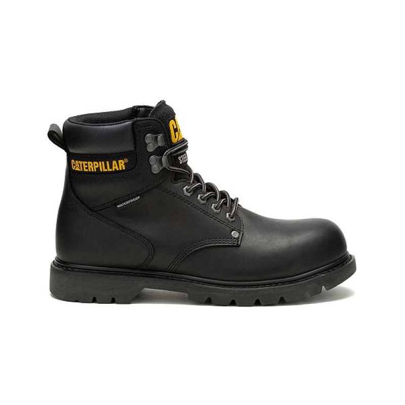 Men\'s Caterpillar Second Shift Waterproof Steel Toe Work Boots Black | 653794-WLT