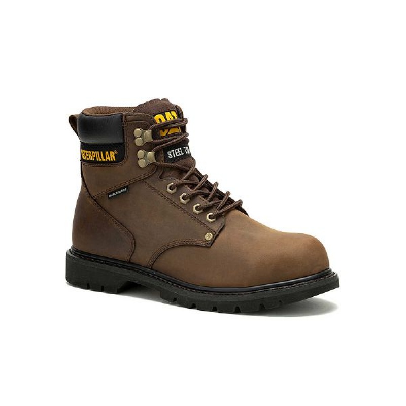 Men's Caterpillar Second Shift Waterproof Steel Toe Work Boots Dark / Brown | 705421-HTA