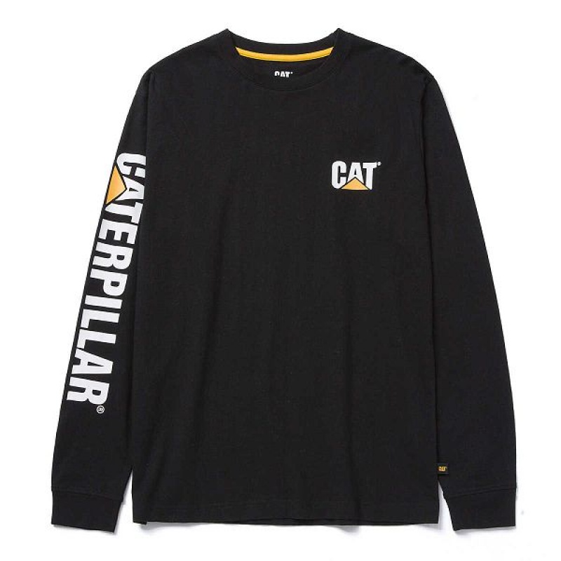 Men's Caterpillar Trademark Banner Long Sleeve Tee T-Shirt Black | 178420-FWJ