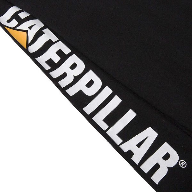 Men's Caterpillar Trademark Banner Long Sleeve Tee T-Shirt Black | 178420-FWJ