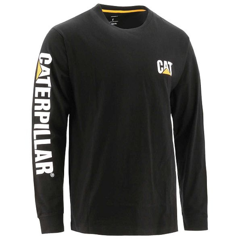 Men\'s Caterpillar Trademark Banner Long Sleeve Tee T-Shirt Black | 178420-FWJ