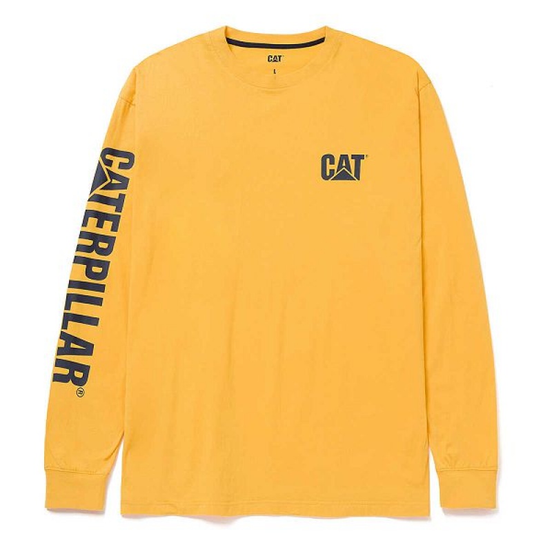 Men's Caterpillar Trademark Banner Long Sleeve Tee T-Shirt Yellow | 485216-OMJ