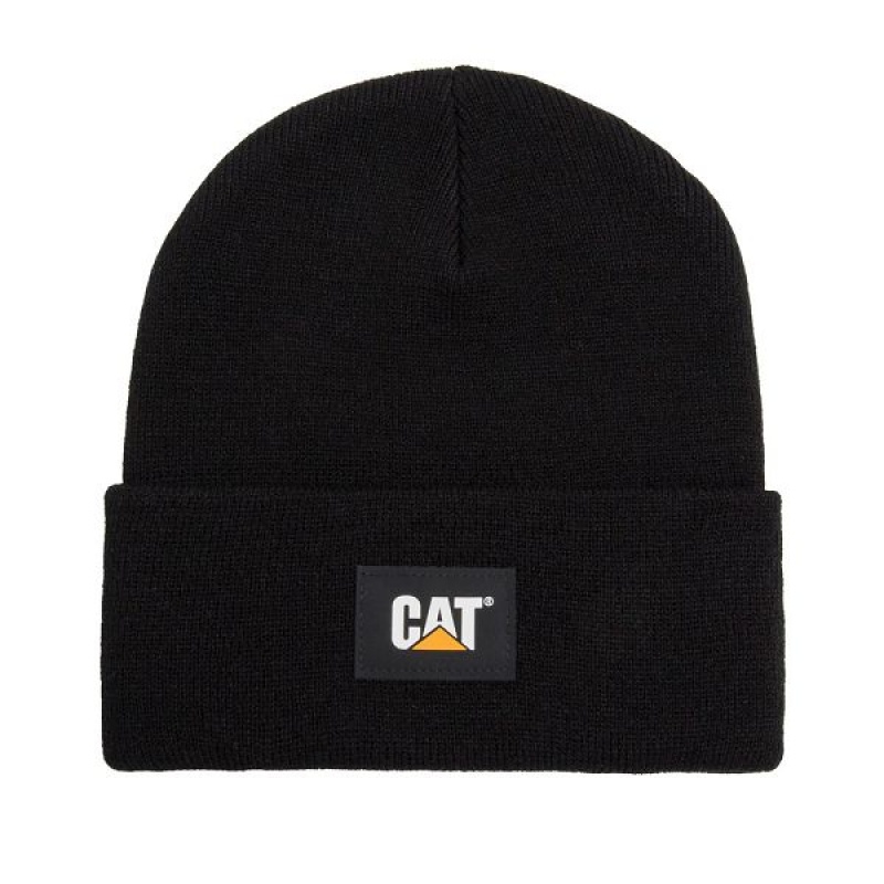 Women\'s Caterpillar Cat Label Cuff Beanie Black | 327904-DOQ