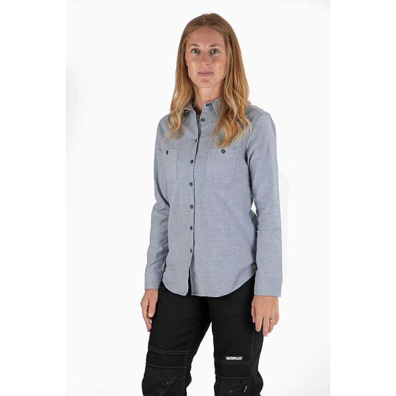 Women's Caterpillar Oxford Long Sleeve Shirts Blue | 073219-GWF