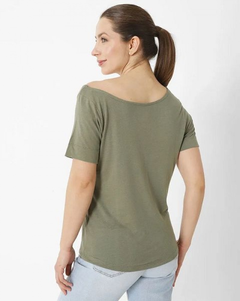 Women's Caterpillar Short Sleeve W Off The Shoulder Tee T-Shirt Khaki | 486172-WLU