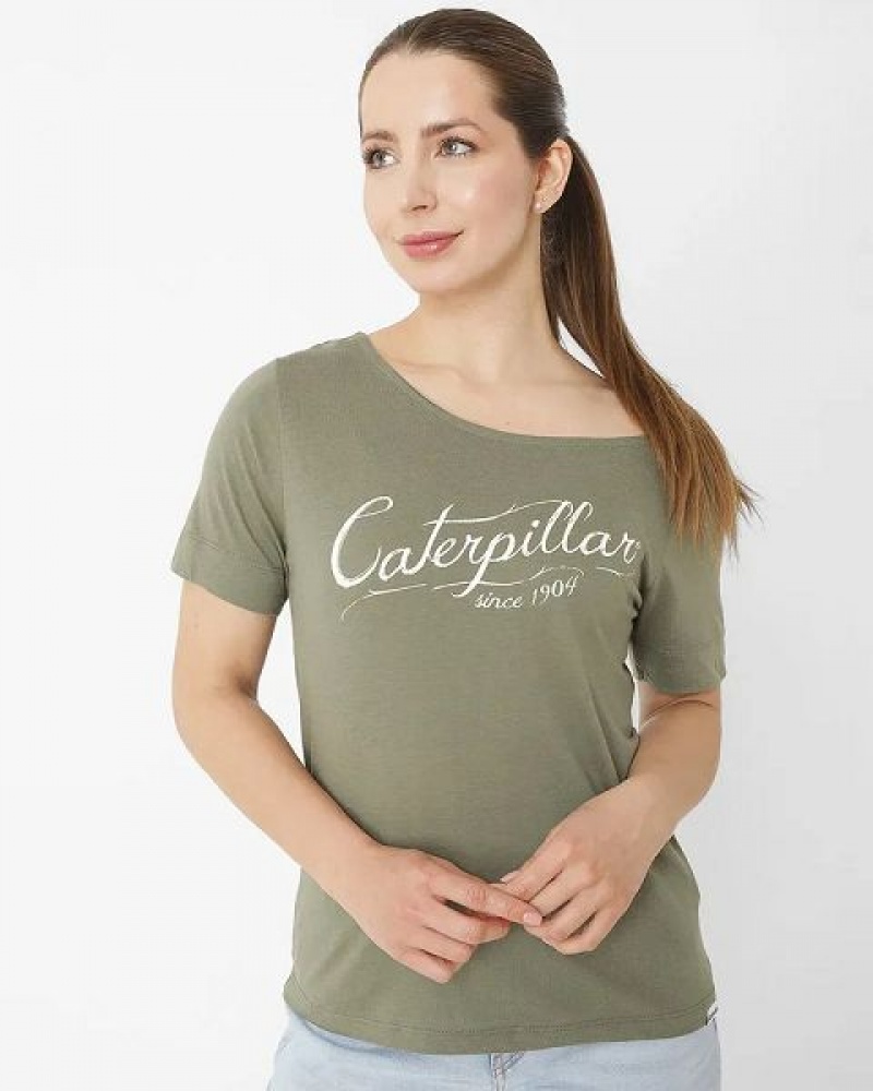 Women's Caterpillar Short Sleeve W Off The Shoulder Tee T-Shirt Khaki | 486172-WLU