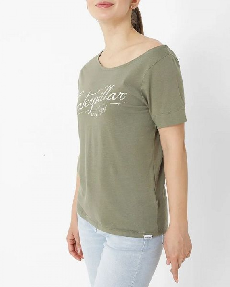 Women's Caterpillar Short Sleeve W Off The Shoulder Tee T-Shirt Khaki | 486172-WLU