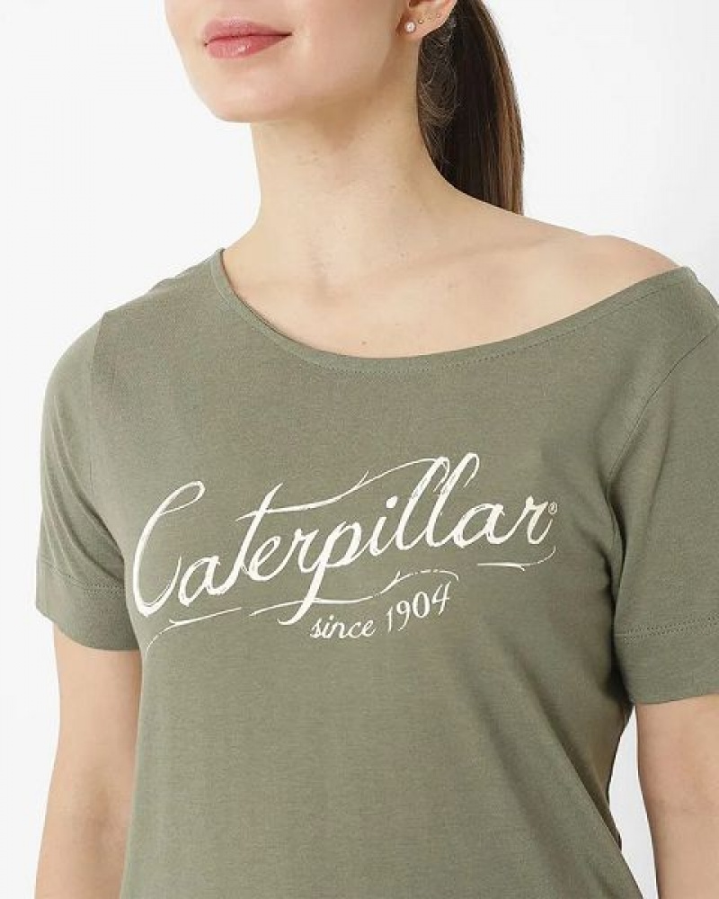 Women's Caterpillar Short Sleeve W Off The Shoulder Tee T-Shirt Khaki | 486172-WLU