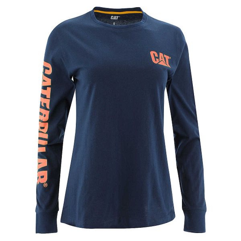 Women\'s Caterpillar Trademark Banner Long Sleeve Tee T-Shirt Blue | 431867-AYE