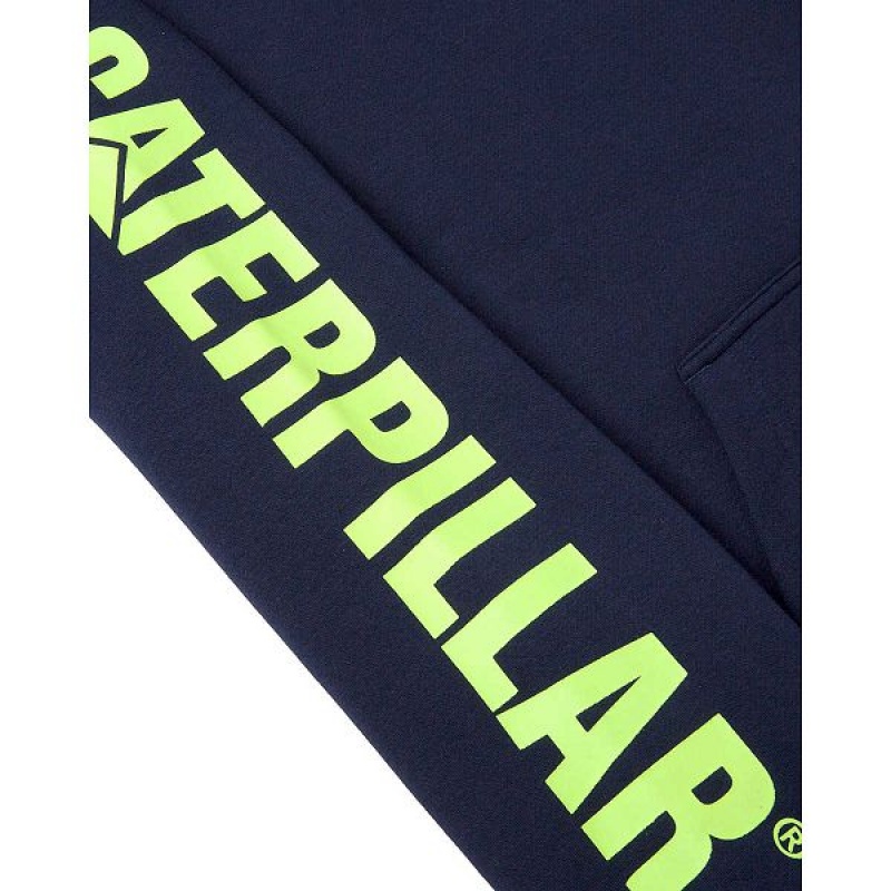 Women's Caterpillar Trademark Banner Pull Over Hoodie Navy | 369058-NZQ